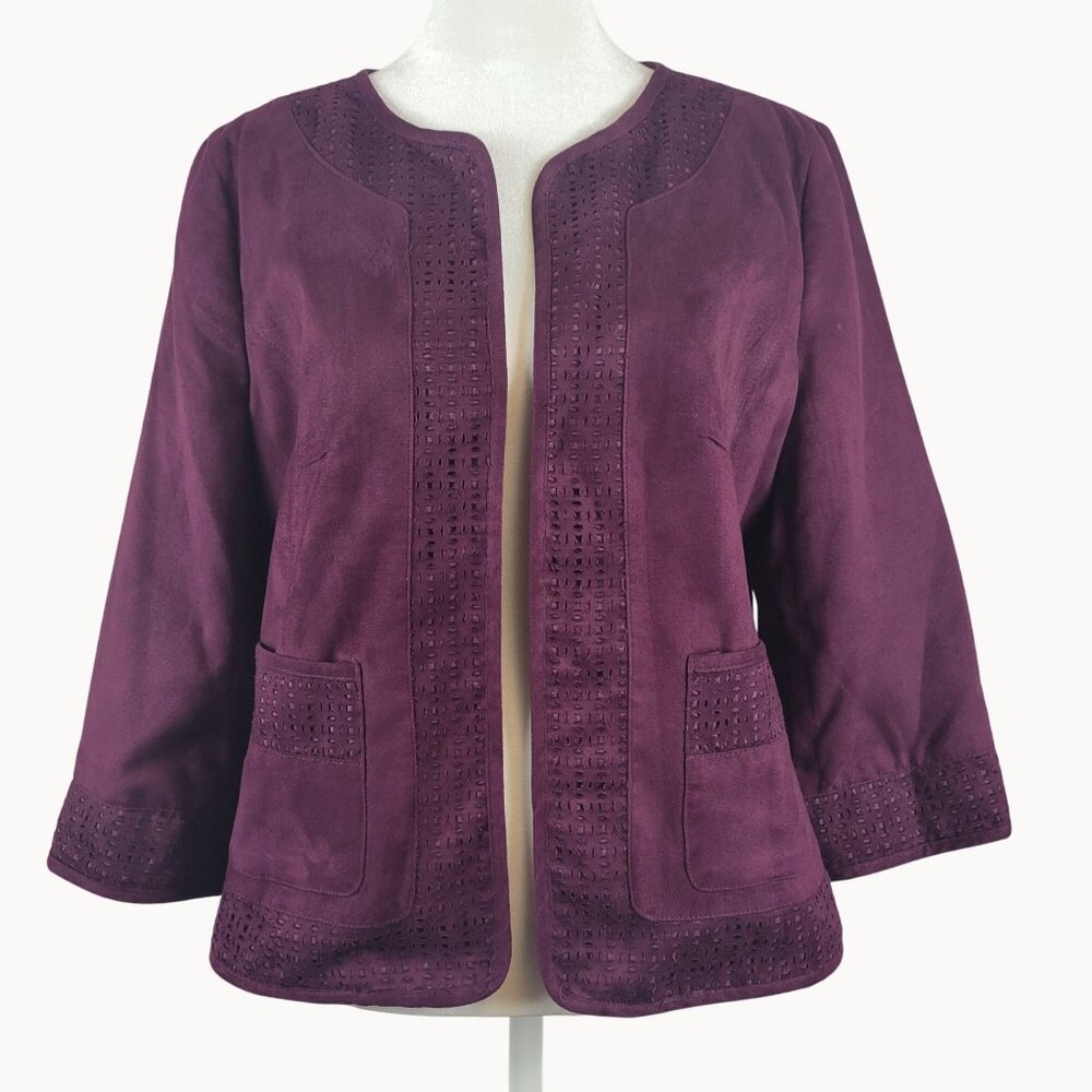 East 5th Womens M‎ Blazer Jacket Maroon/Plum Embroidered Hem Open Front Boho